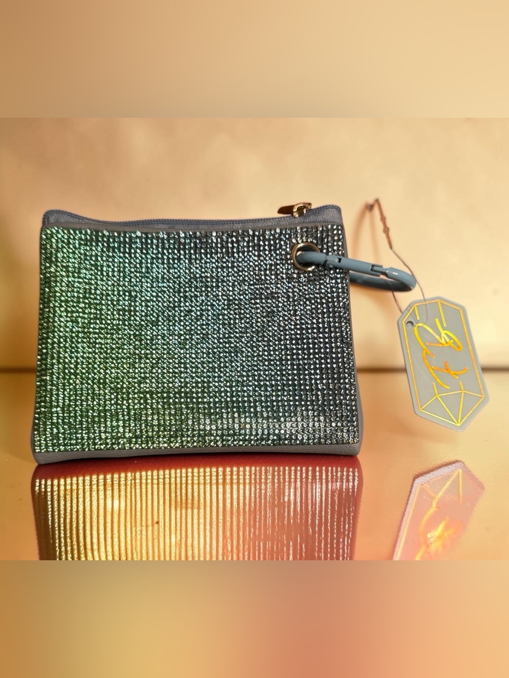 Rhinestone Ombre Card Holder Coin Purse Green Gray Crystal Wallet Keychain NWT